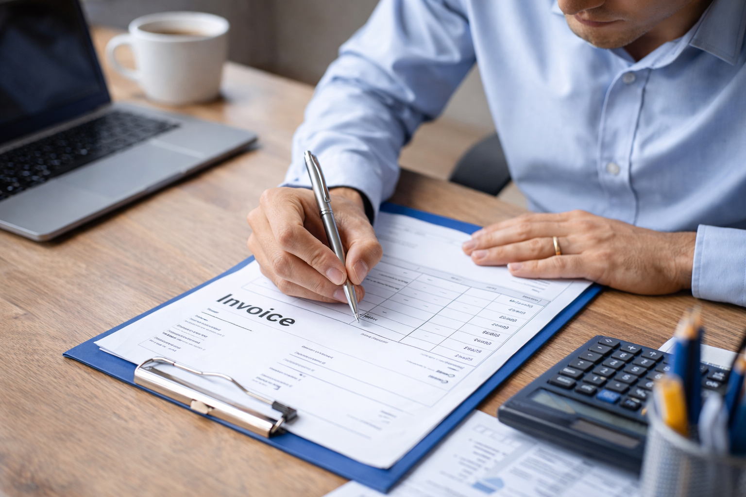 Lavoro su una fattura alla scrivania